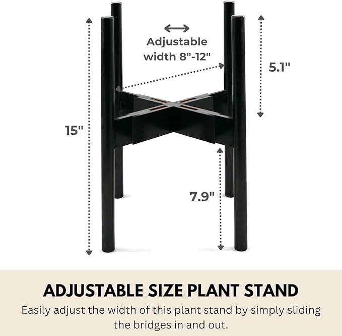 Fox & Fern Adjustable Plant Stand Indoor — 8 to 12 Inch Mid Century Bamboo Plant Stand with Adjustable Width; Plug In Design; Easy to Assemble; Two Height Options - For 8, 9, 10, 11 & 12 Inch Pots