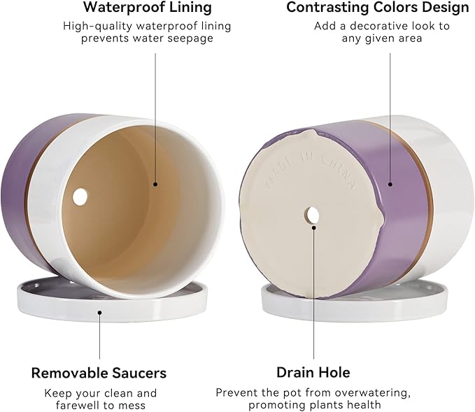 Ekirlin 4 inch Plant Pot - Ceramic Flower Planters Indoor - Modern Succulents Containers with Drain Hole Saucer, Decorate Home, Office & Outdoor (Purple)