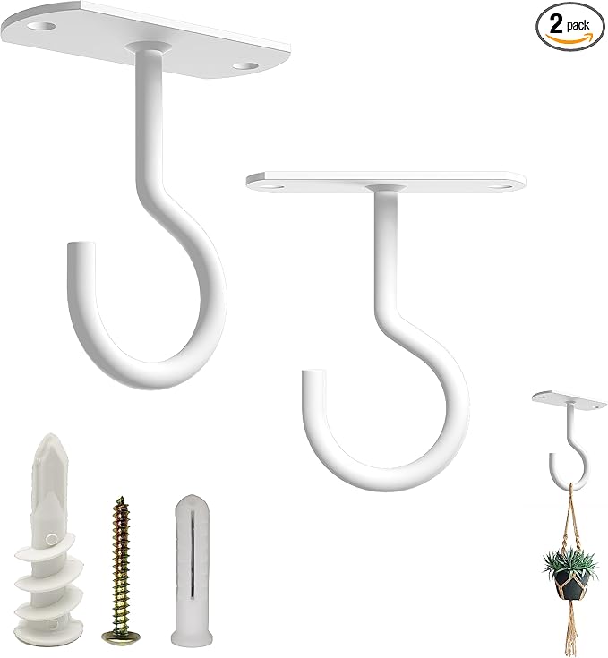 NACETURE Ceiling Hooks Heavy Duty 2 Pack - Plant Hooks for Ceiling Hanging Hook for Hanging Basket Hook, Light, Bird Feeders, Wind Chimes Décor Indoor & Outdoor (2.5" White 2 Pack)