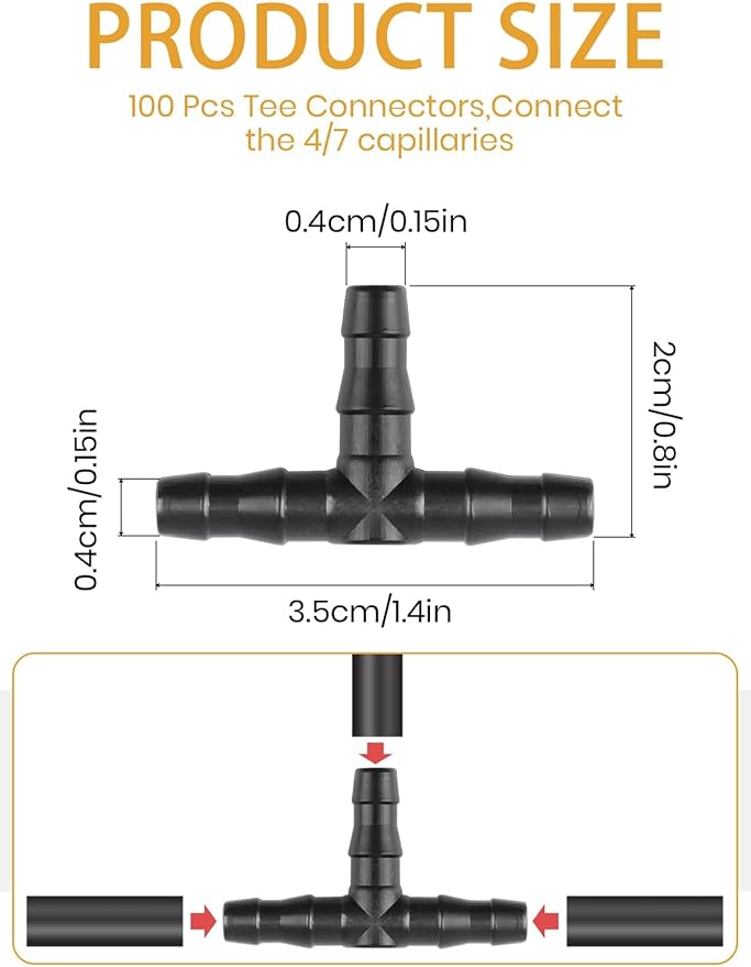 100pcs 1/4" Universal Barbed Tee Fittings, Kalolary Barbed Connectors Drip Irrigation for 1/4 Inch Water Hose Connectors 4mm/7mm Water Tube Drip Irrigation Watering System