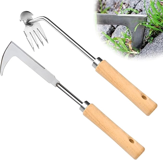 2Pcs Dritnow Weed Puller Tool and Crack Weeder, Paver Crevice Uprooting Weeding Removal Tool, 4 Claw Manual Pulling Weeders with Wood Handle for Garden, Driveway and Sidewalk