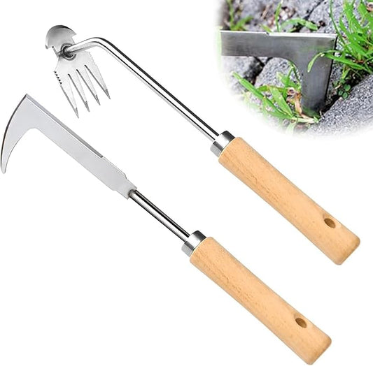 2Pcs Dritnow Weed Puller Tool and Crack Weeder, Paver Crevice Uprooting Weeding Removal Tool, 4 Claw Manual Pulling Weeders with Wood Handle for Garden, Driveway and Sidewalk
