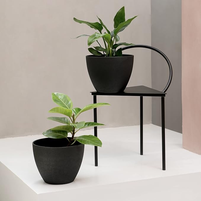 LA JOLIE MUSE Outdoor Planter Flower Pots Outdoor- 11.3 Inch Planter with Drainage for Indoor Outdoor Plants Flowers, Black, Set of 2