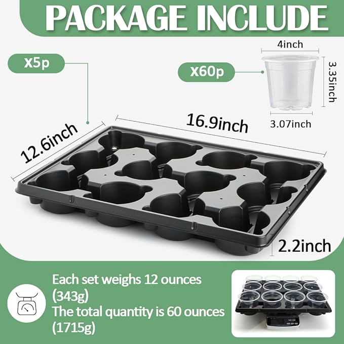 12 Cell Nursery Pot Trays 5 Pack with 4 Inch Clear Plant Pots 60 Pack, Thick Sturdy Seeds Starting Germination Shuttle Carrying Trays, Black Small Planter Nursery Propagation 5 Sets