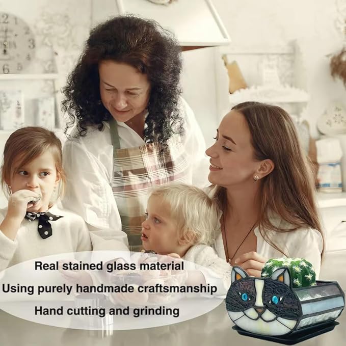 Cactus Black Cat Planter, Cute Small Stained Glass Cat Planter，Cat Terrarium Planter for Tabletop Houseplants，Gifts for Cat Lovers 4.33x3.54x2.95 in (Flower Pot Does not Include Plants)