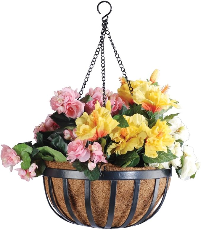 Arcadia Garden Products Round Planter, 16-Inch 1592 Solstice Series Coconut Hanging Basket, Black