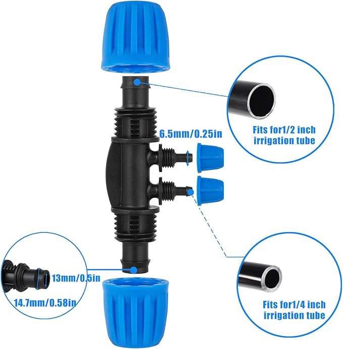 10 Pcs Barbed Tee 1/2 inch Tubing (1/2" ID x0.6-0.63" OD) 16mm to 1/4 inch Irrigation Tube Anti-Drop Quality Fitting (Fits 13mm ID / 4mm ID) (4-way Lock Buckle Blue)