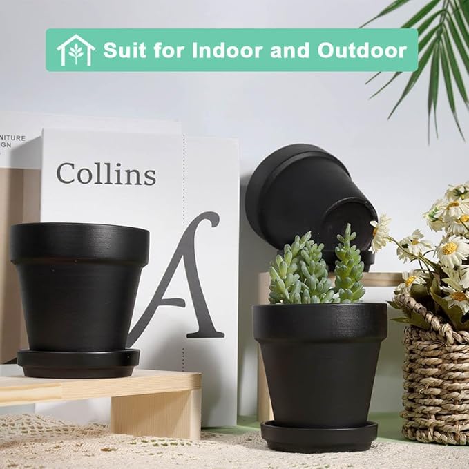 vensovo 4 Inch Small Black Terracotta Plant Pots with Saucer - 6 Pack Clay Flowerpots with Drainage, Great for Indoor Outdoor Plants, Crafts, Wedding Favor