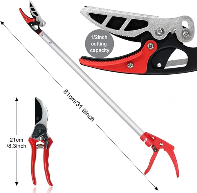32-Inch Cut and Hold Pruners, Long-Reach Tree Pruner with Rotating Cutter Head, Long Pruning Shears for Garden, Fruit Picking, Branches Trimming