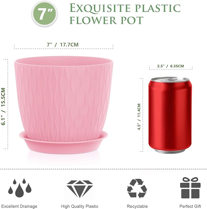 7 inch Plant Pots, 5 Pack Flower Pots with Drainage Holes and Saucers for Indoor Plants, Plastic Planters with Water Ripple for Small Garden House Plants, Nursery Pots for Succulent, Colorful