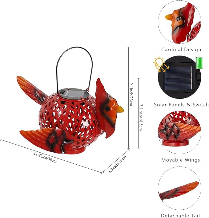 2 Pack Cardinal Solar Lanterns Outdoor Hanging with Handle, Metal Tabletop Solar Lanterns Outdoor Waterproof, LED Light Solar Lantern for Table Pathway Patio Yard Christmas Gifts