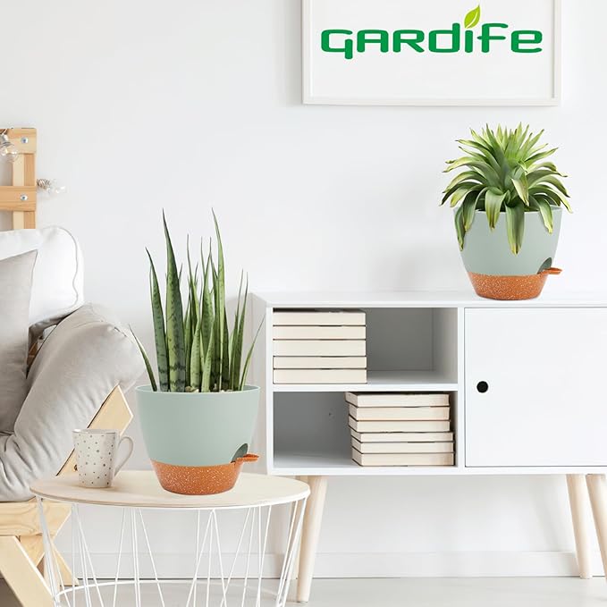 GARDIFE 10 inch Plant Pots,Self Watering Pots, 2 Pack Flower pots, Large Plastic Planters with Deep Reservior and High Drainage Holes for Indoor Outdoor Plants and Flowers, Green