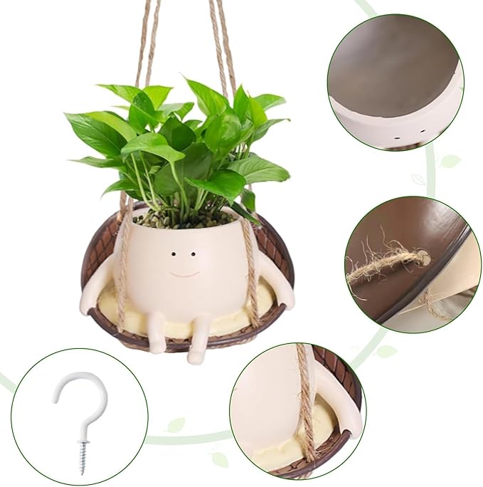 Small Swing Face Hanging Planter Pot for Indoor Outdoor Plants, Cute Swinging Plant Pot, Hanging Flower Pots, Face Planter Pot Head, Valentines Day Gifts for Her(Swing Basket)