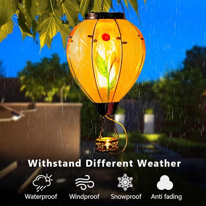 Starsoul Large Solar Hot Air Balloon Lantern with Flame Sunflower Glass Hanging Outdoor Hot Air Balloon Solar Light Waterproof Garden Patio Yard Party Decorations