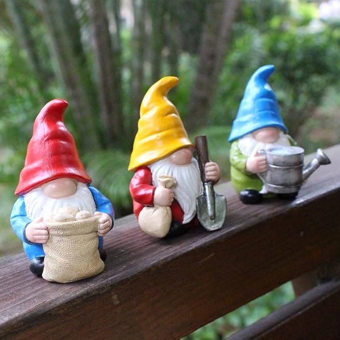 Set of 3 Mini Garden Gnome Statues - Resin Figurines for Indoor and Outdoor Decoration - Whimsical Mini Ornaments for Home, Patio, Yard, and Garden Decor