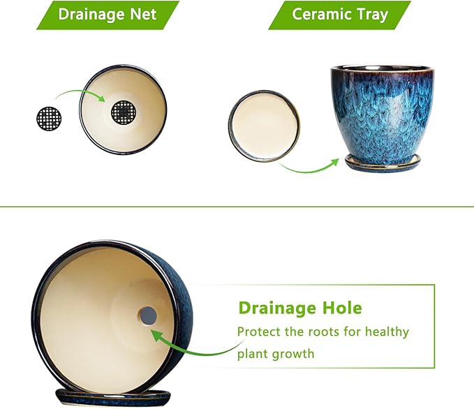 Ceramic Plant Pot, 6 Inch Ceramic Planter Pot with Drainage Hole and Saucer, Succulent Round Flower Pot for Indoor Plants Outdoor, Blue