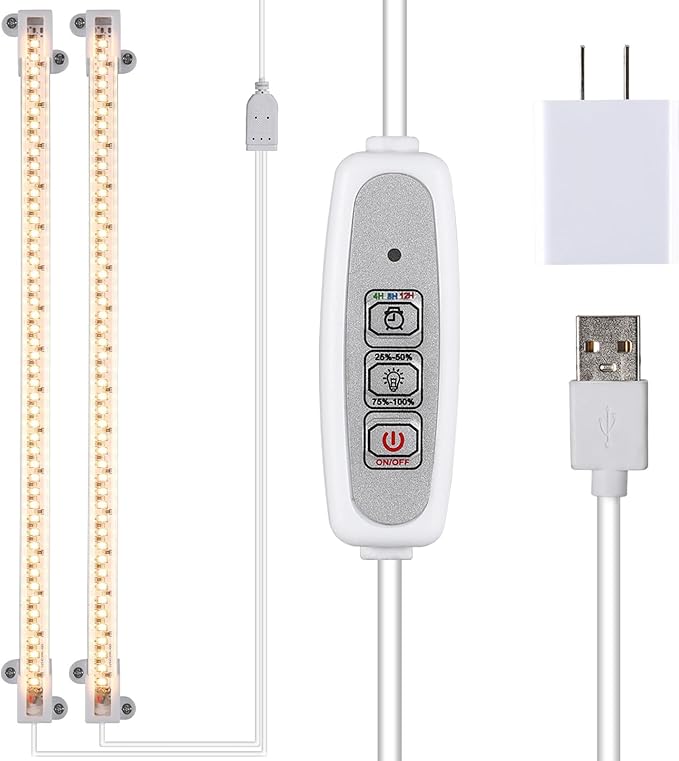 Two Heads Strip Growing Lamp, Full Spectrum Grow Light Strips for Indoor Plants with Auto ON/Off Timer & 4 Dimmable Levels, Led Grow Light for Green House Hydroponics Succulent