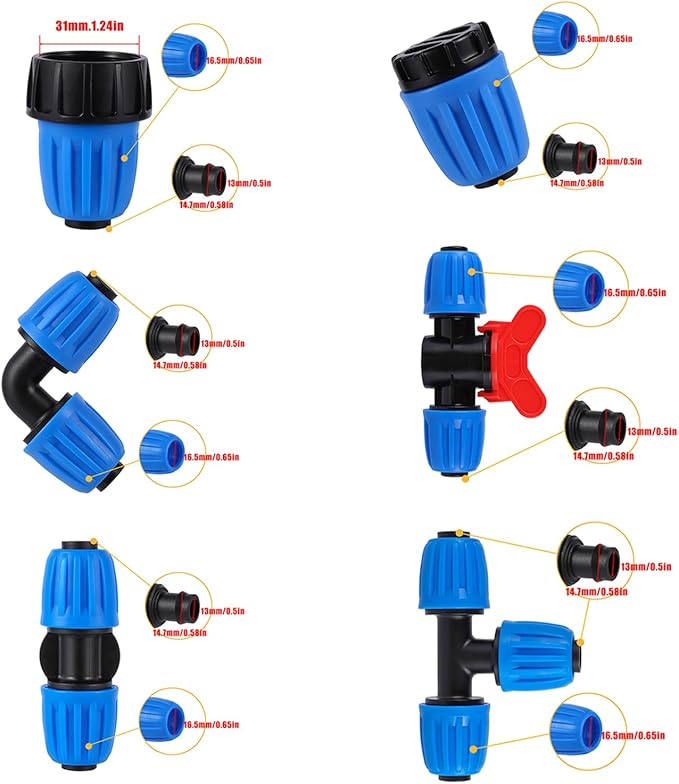 24 PCS Drip Irrigation Fittings Kit Blue Lock Barbed Connectors For 1/2 Inch 16MM Tubing (OD 0.620 in.ID is 0.520. in), 5 Tees,5 Straight,2 Switch Valves,5 End Cap,5 Elbows,2 Adapter