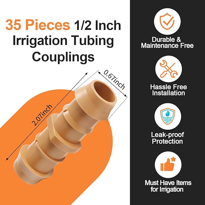 35 Pieces Drip Irrigation Coupling Fittings, 1/2'' Drip Line Barbed Coupler Connectors for 1/2 Inch, 5/8", .700" Irrigation Tubing 2-Way Straight Coupling for Garden Drip Sprinkler Systems