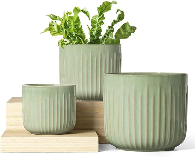 LE TAUCI Ceramic Planters, 8.3+6.9+5.7 Inch Plant Pots for Indoor Plants, Set of 3 Flower Pot with Drainage Holes, Large Round Planters Pot for Indoor House Plants, Reactive Glaze Sage Green