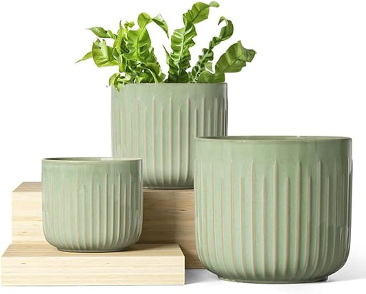 LE TAUCI Ceramic Planters, 8.3+6.9+5.7 Inch Plant Pots for Indoor Plants, Set of 3 Flower Pot with Drainage Holes, Large Round Planters Pot for Indoor House Plants, Reactive Glaze Sage Green