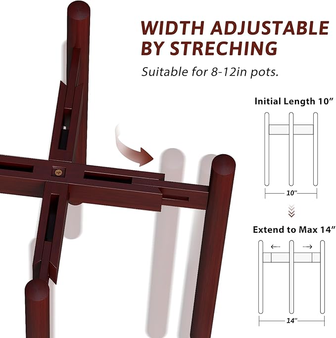Adjustable Plant Stand Indoor, Bamboo Plant Holder 8 to 12 Inches, Small Tall Planter Stand for Indoor Plants, Single Floor Plant Stand for Living Room Balcony Bedroom, Reddish Brown