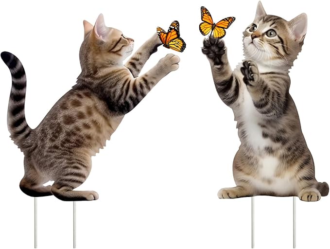 Metal Garden Stakes Decor,Cute Cats Playing with Butterflies Stakes, YGarden Statues Bird Repellent Cat Decorative Garden Stakes for Yard, Garden, Lawn Outdoor Decorations Set of 2