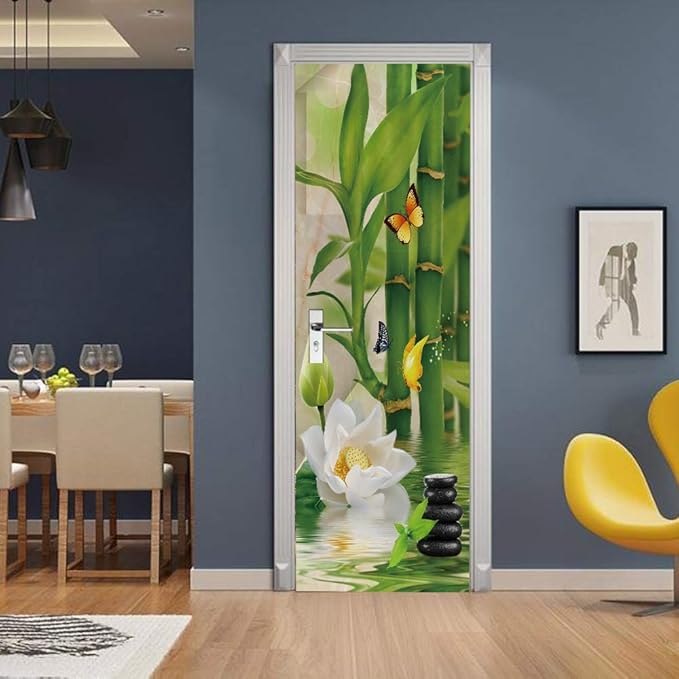 Bamboo 3D Door Stickers Murals - Peel and Stick - Waterproof & Washable - Matt Finish - Natural Style - Bamboo Pattern - 37.4" x 78.7" - 2 Pieces