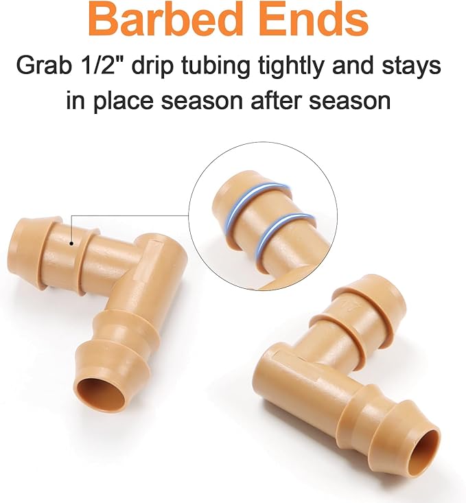 Drip Irrigation Elbow Fittings, 25 Pieces 1/2'' Drip Line Barbed Elbow Connectors for 1/2 Inch Irrigation Tubing 90 Degree Elbow for Garden Drip Sprinkler Systems