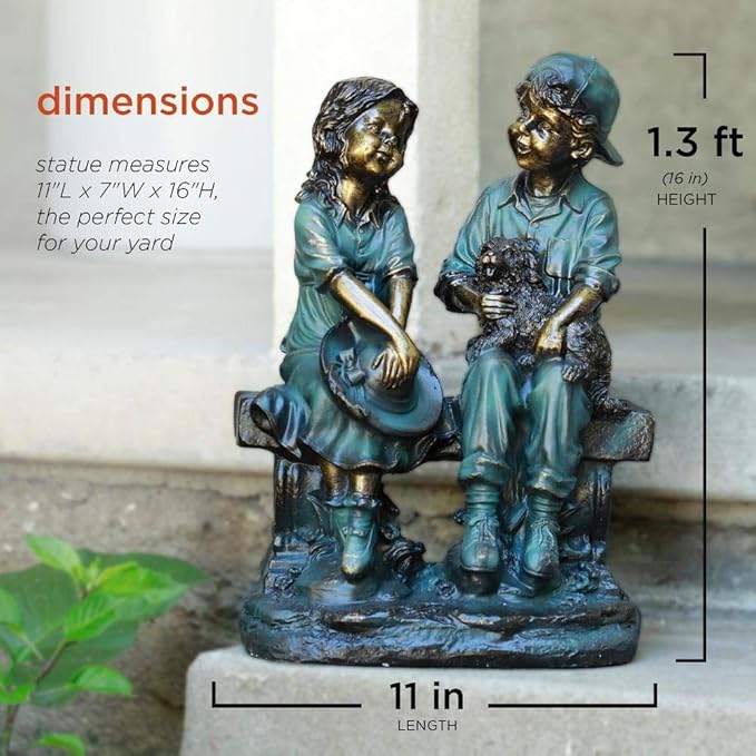 Alpine Corporation 16" Tall Indoor/Outdoor Girl and Boy Sitting on Bench with Puppy Statue Yard Art Decoration