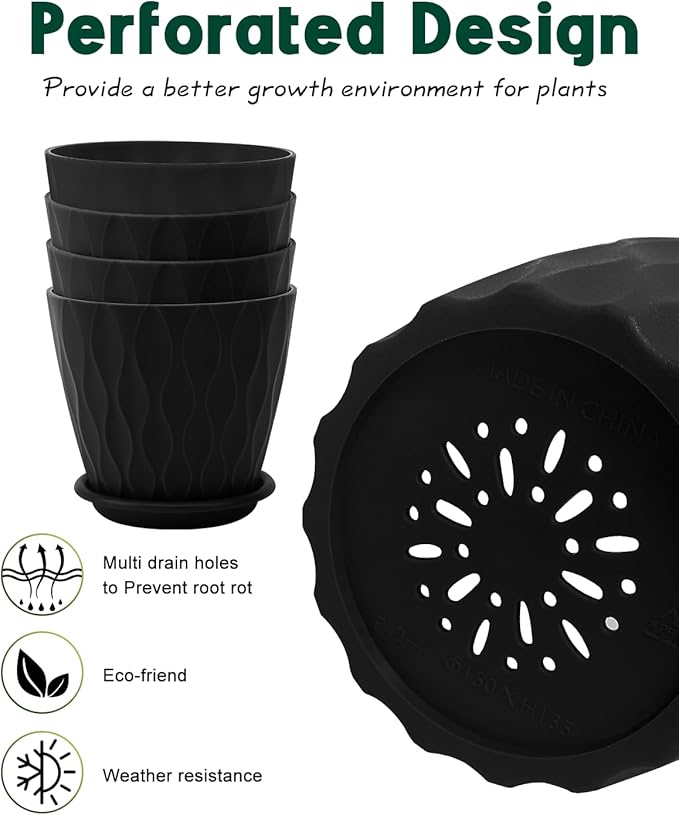 6 Inch Indoor Planter Pots with Drainage Hole and Tray Saucer,Flower Pots for Indoor Outdoor Garden Plants and Flowers, Multicolor, 5 Packs (Black)