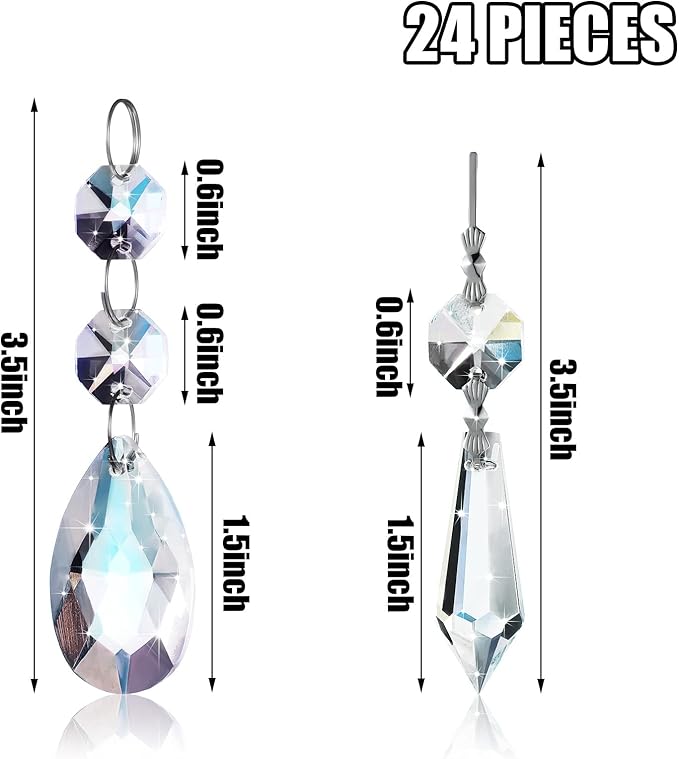 24 Pcs 24 Pcs Chandelier Crystal Replacement 38 mm Teardrop & Icicle Crystal Prisms Hanging Gems Parts for Lamps and Chandeliers Suncatcher Christmas Tree Windows Home Decor (Clear)