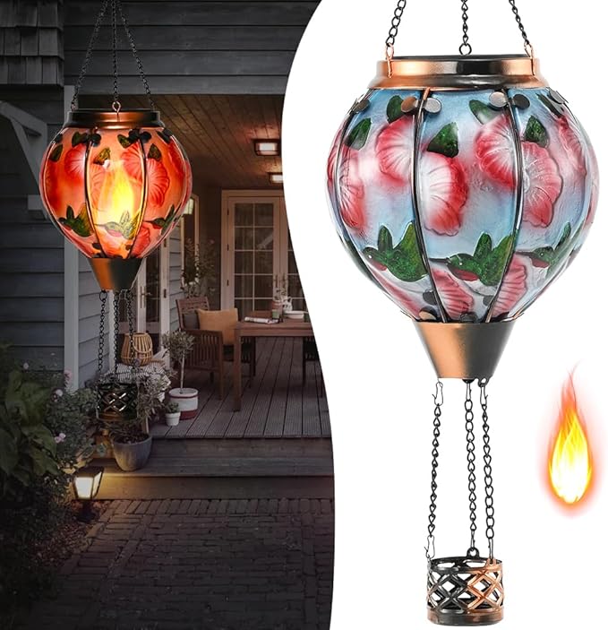 Hot Air Balloon Solar Lantern - Simulated Flickering Flame Hummingbird Glass Lantern, Outdoor Hanging Yard Light Waterproof IP65 & Weather Resistant for Garden Patio Lawn Porch Decor Gfit