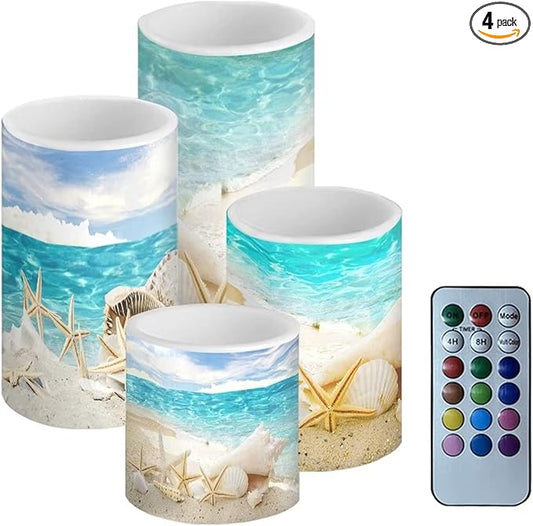 Flameless Candles Battery Powered with Multicolor Timer Remote Control Everlasting Fake Candles for Party Garden Indoor Outdoor Coastal Decor, Beach Coastal Multi
