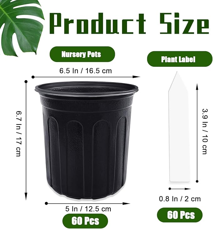 60 Pcs 1 Gallon Plant Nursery Pots,Plastic Pots with Drainage Holes,Garden Flower Container Seedling Pot with White Label for Planting,Cuttings,Transplanting,Home Garden(Black)