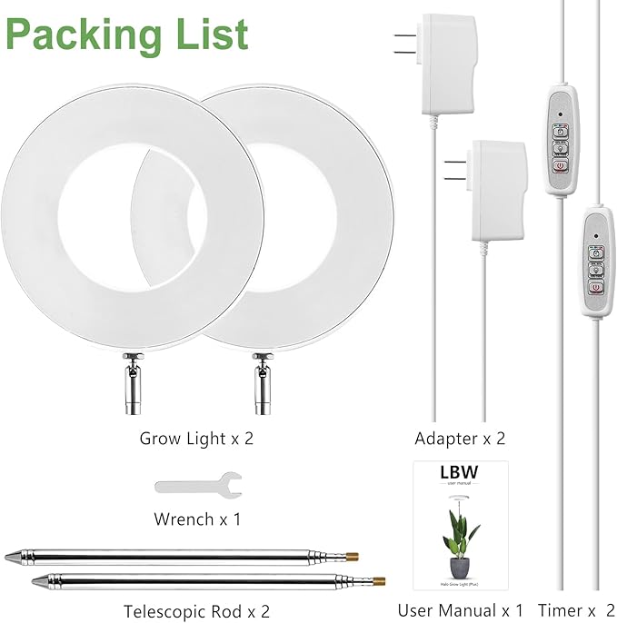 LBW Grow Lights for Indoor Plants, 144 LEDs Full Spectrum Plant Light, Large Plant Lamp with 4 Dimmable Levels, 4/8/12H Auto On/Off Timer, Height Adjustable, Halo Growing Lamp for Tall Plants, 2 Pack
