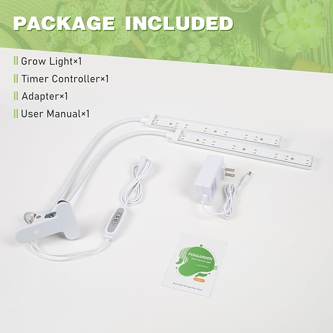 FOXGARDEN® Grow Lights for Indoor Plants Full Spectrum, Plant Lights for Indoor Growing with Timer 4/8/12 H, Dual-Head 104 LED Clamp Grow Lamp with Gooseneck, 4 Brightness Levels for Plant Growing