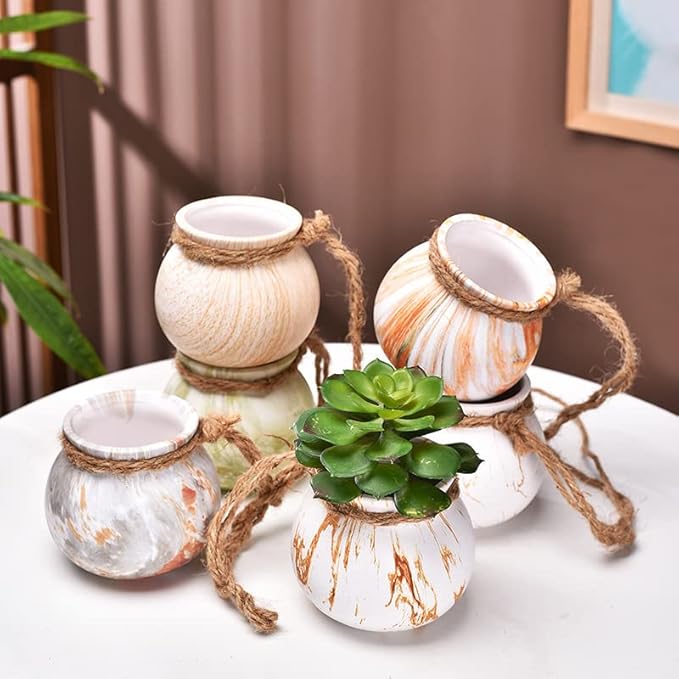 SOUJOY 6 Pack Hanging Succulent Planters, 4'' Mini Ceramic Wall or Ceiling Mount Dangling Plant Pot, Hanging Flower Pot with Jute Rope for Indoor Outdoor Decor, Light Beige