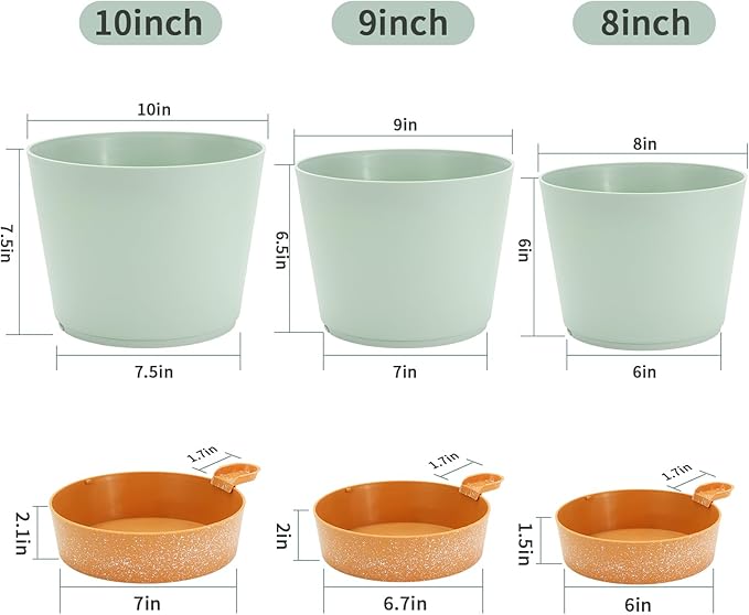 GARDIFE 10/9/8 inch Plant pots, planters for Indoor Plants, self Watering Plant Pot, Flower pots, Green
