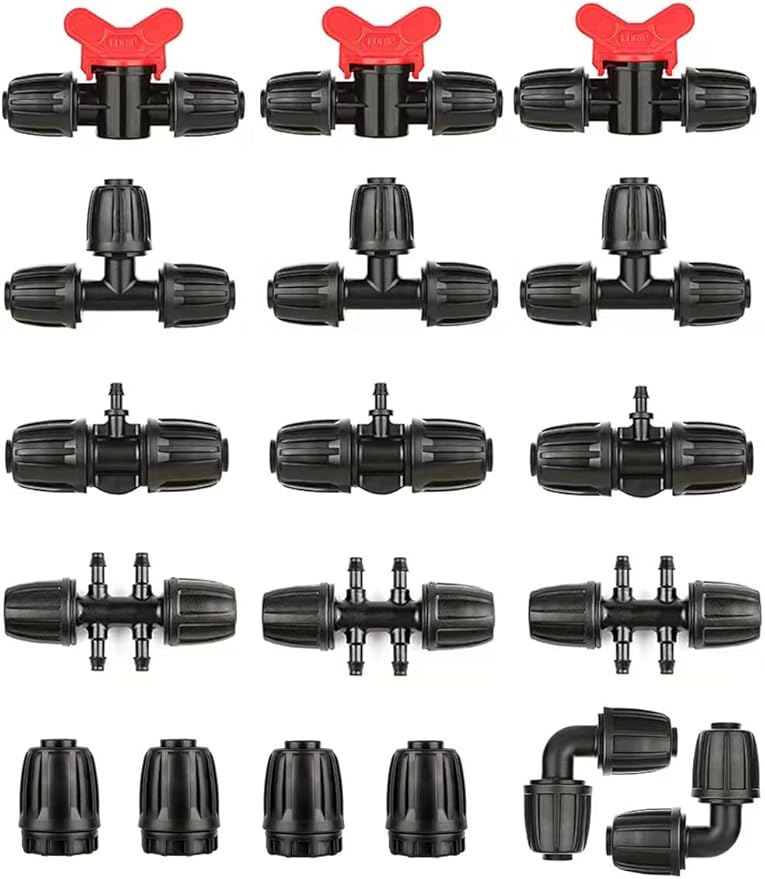 Drip Irrigation Fittings Kit for 1/2 Inch Tubing -18 Pieces Set- 3 Tees,3 Switch Valves,3 T Connectors,2 Elbows,3pcs 1/2" to 1/4" tubing Reducers,4 End Cap, Barbed Locked Nuts Connectors