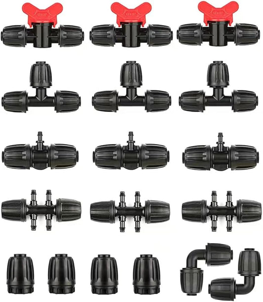 Drip Irrigation Fittings Kit for 1/2 Inch Tubing -18 Pieces Set- 3 Tees,3 Switch Valves,3 T Connectors,2 Elbows,3pcs 1/2" to 1/4" tubing Reducers,4 End Cap, Barbed Locked Nuts Connectors