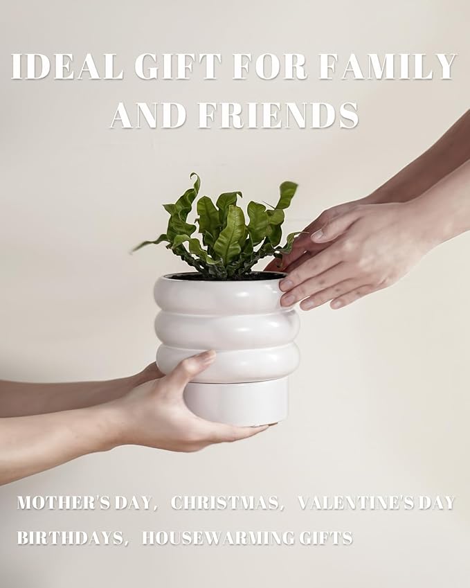 Bubble Ceramic Plant Pots with Drainage Holes and Saucers,6 inch Medium Flower Pots Modern Decor Planter for Indoor Plants(White)