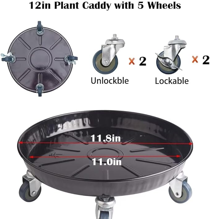 ARTLINE Round Plant Stand with Lockable Wheels, Heavy Duty for Indoor Outdoor, Large Rolling Dolly Planter Caddy on Casters to Carry Potted Flower Pot, Round Metal Tray NO Holes, Black