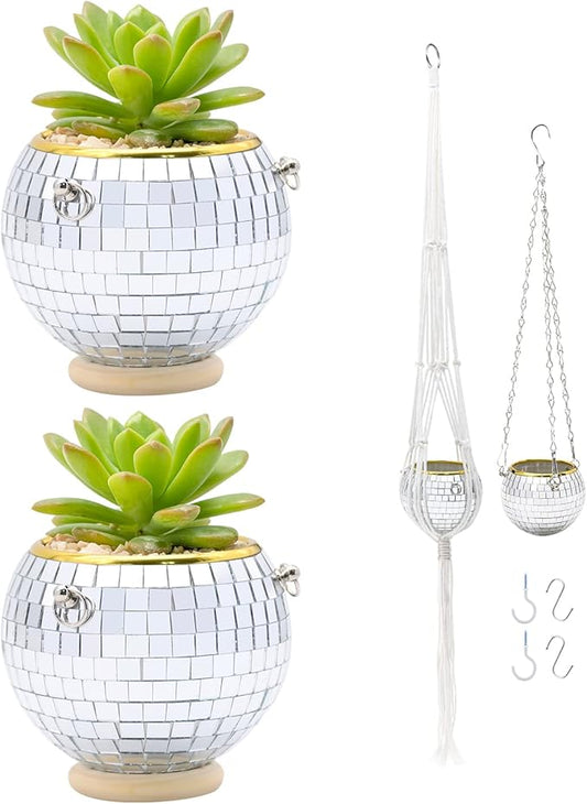 Disco Ball Planter, 2pcs 4" Silver Disco Ball Planter, Disco Ball Plant Hanger with Hanging Rope, Hanging Chain, Hook, Circle and Extra Mirror Pieces (4" Silver, 2pcs)