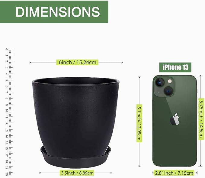 Plant Pots, 12 Pack 6 inch Modern Plastic Planters with Drainage Holes and Saucers for Indoor Outdoor Plants and Flowers, Black