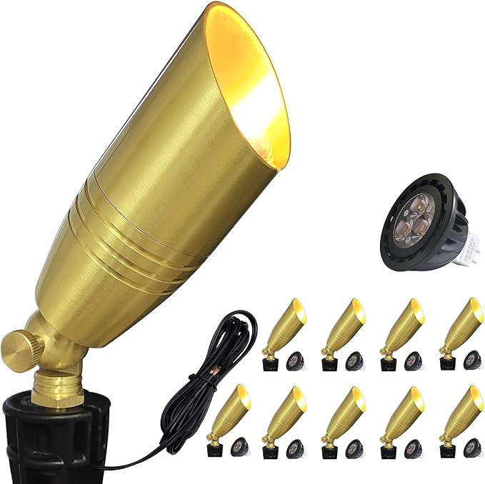 COLOER Die-cast Brass Landscape Spotlight 10-Pack with 5W Aluminum Housing LED MR16 Bulb,12V AC/DC Low Voltage Copper Outdoor Lighting, Directional Garden Patio Spot Up Light (102B Brass Finish)