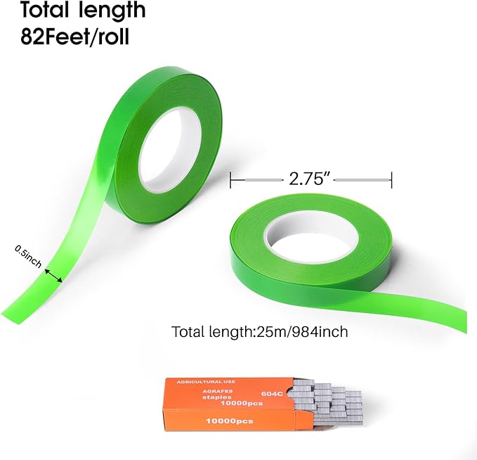 20 Rolls Green Plant Ribbon Binding Tape for Plant Tying Machine, PVC Tape Plant Ribbon Tape, Garden Tape Roll Plant Tape with 10000pcs Staples