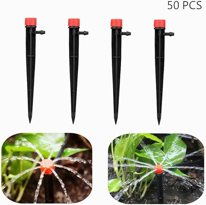 50pcs Drip Emitters for 1/4" Drip Irrigation Tubing, Adjustable 360 Degree Water Flow Drippers on 5" Arrow Stake, Garden Irrigation Drippers for (4-7mm) Watering System