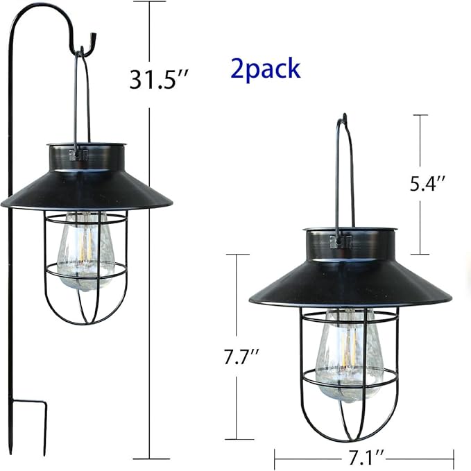 Solar Lantern 2pack Outdoor Hanging Light- Waterproof Vintage Metal Light with Shepherd Hook Decorative for Patio, Backyard, Porch, Yard (Black)