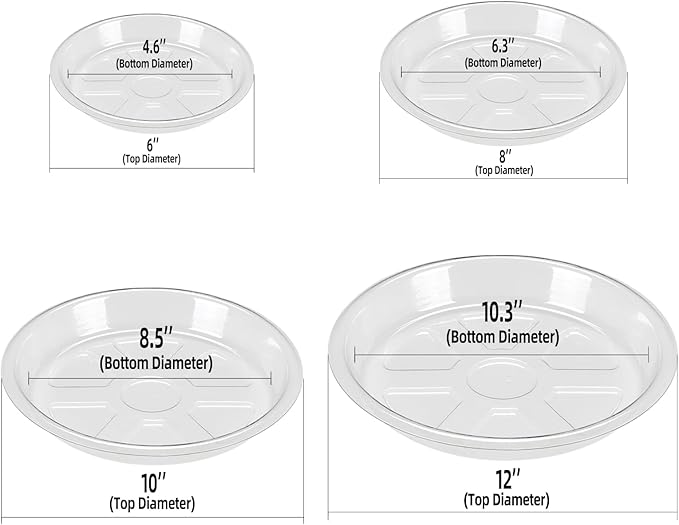 BORPEIN Plant Saucer (8,10,12inch, 18 Pack) Clear Plastic Plant Trays for Pots Indoors Outdoors,Thicker Flower Pot Saucers, Plant Plate to Catch Water